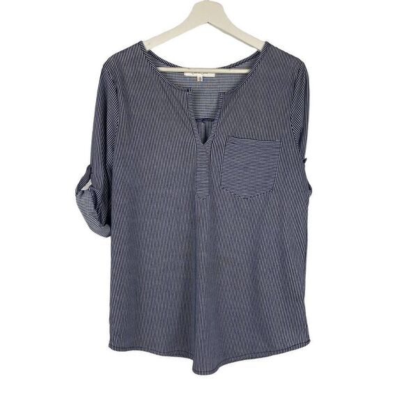 Eden & Olivia size small navy and white striped split neck top with roll sleeves - Picture 2 of 7
